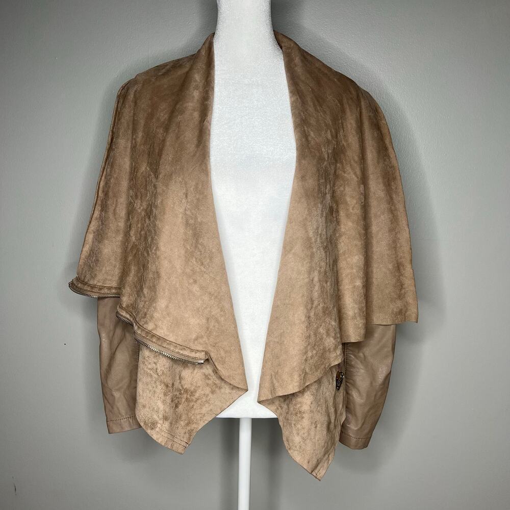 BLANK NYC Womens Size S Tan Drape Moto Front Faux Suede Asymmetrical Zip Jacket - Picture 3 of 7